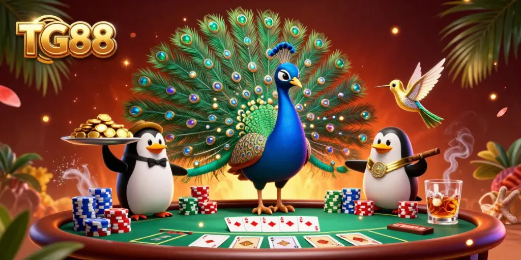 Experience the excitement of TG88 casino with vibrant poker elements and characters in an enchanting scene.