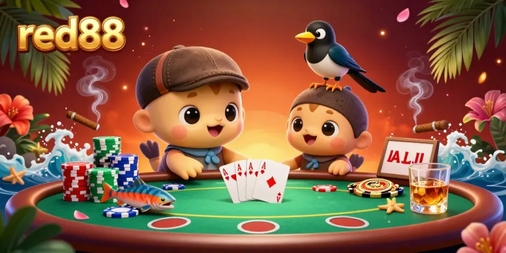Experience the thrill of red88 gaming with a playful Nessie on a lively poker table, surrounded by colorful chips and cards.