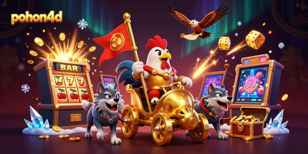 Pohon4d features a dynamic scene with a rooster warlord, wolves, and casino elements bursting with excitement.