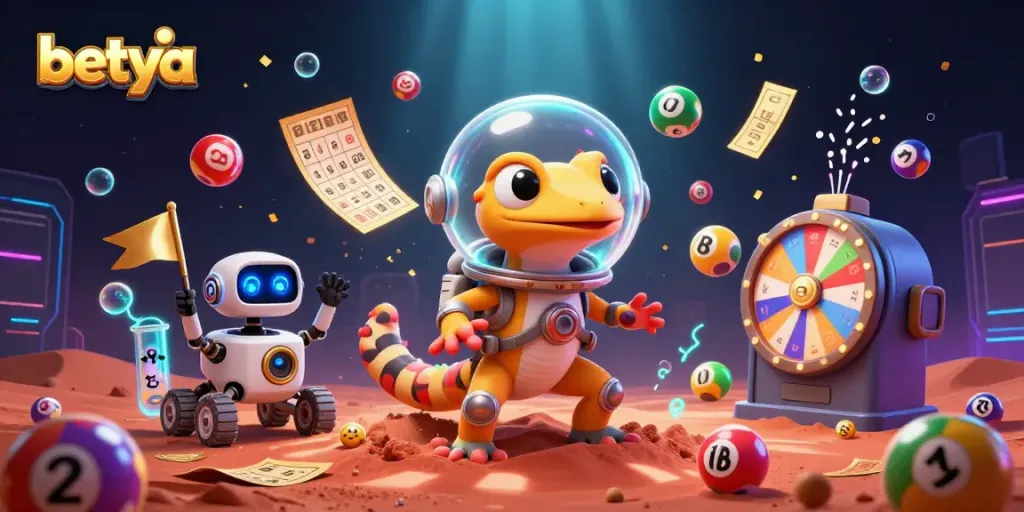 Experience the excitement at Betya with a Martian gecko exploring a golden casino in this vibrant illustration.