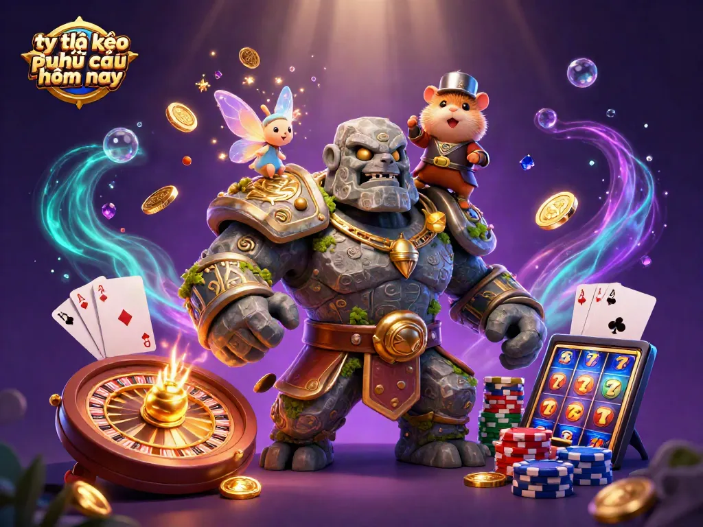 Unveiling tỷ lệ kèo nhà cái hôm nay through a dynamic 3D illustration showcasing magic and casino elements.