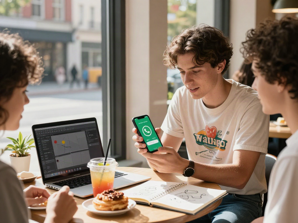 Using gb whatsapp for vibrant conversations in a bustling café setting.