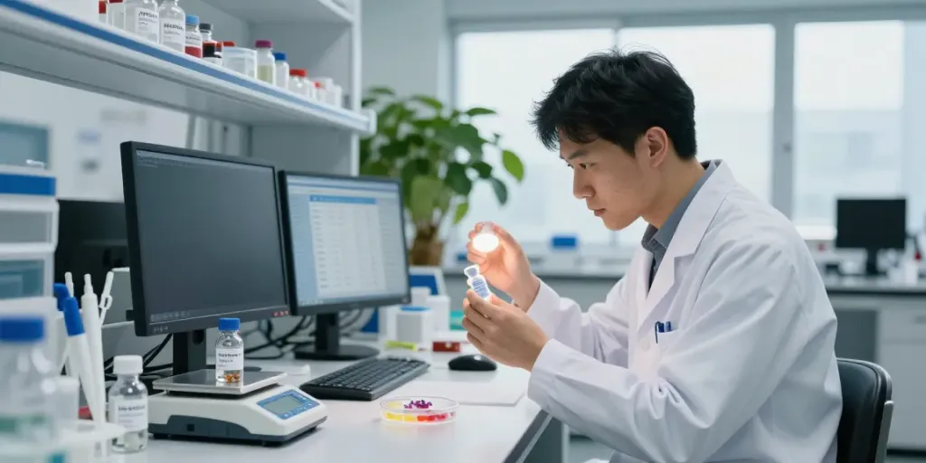 Scientist analyzing peptide samples while evaluating peptide cost in a modern lab.