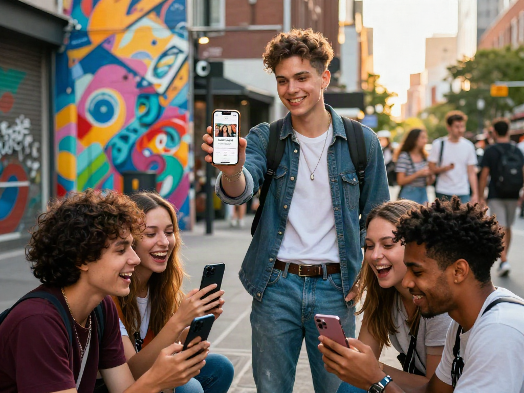 Young adult using a celebrity look alike app in a lively urban setting