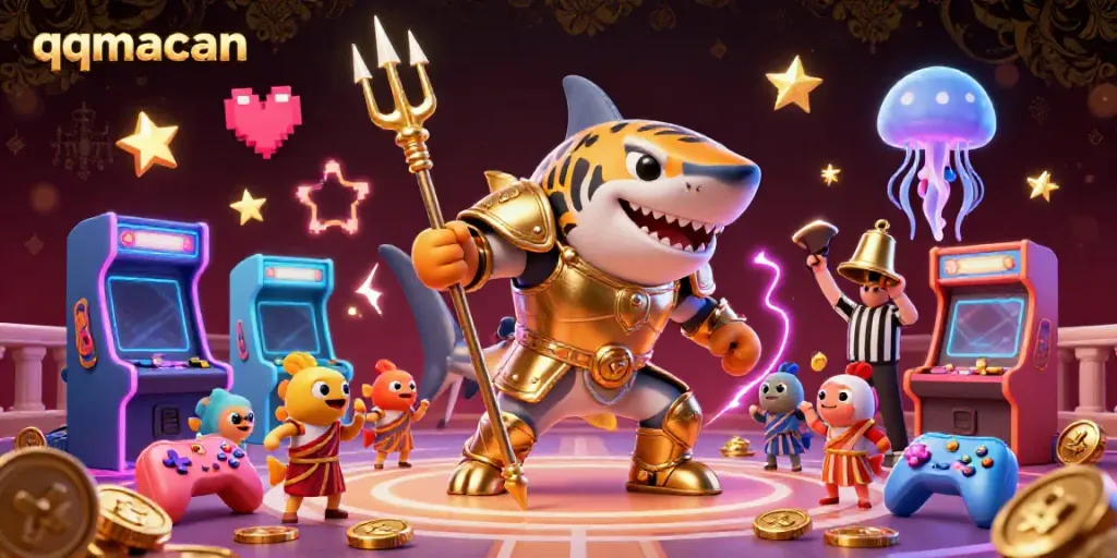 Engage with the thrilling world of qqmacan in this vibrant underwater casino scene featuring a tiger shark and games.