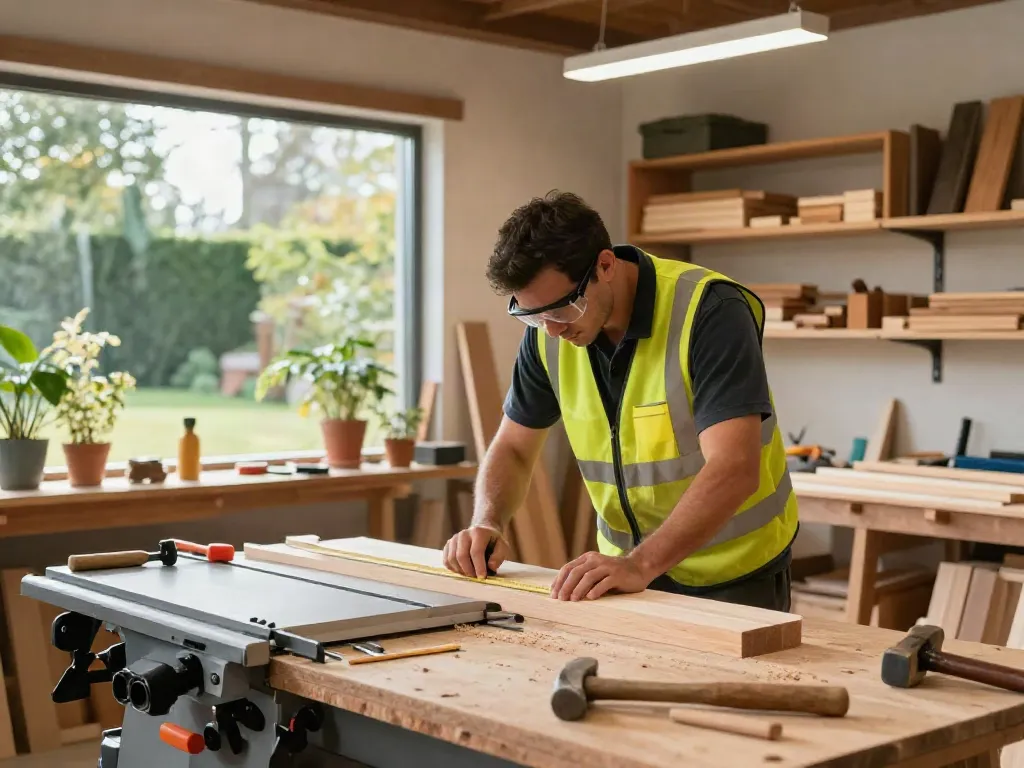 Expert carpenter providing Carpentry Services Sydney, working with timber in a bright workshop.