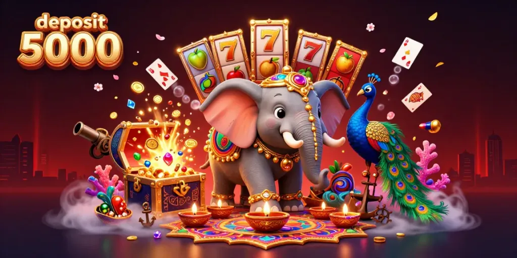 Engage in thrilling gameplay at deposit 5000-themed casino with festive elephant and peacock illustration.