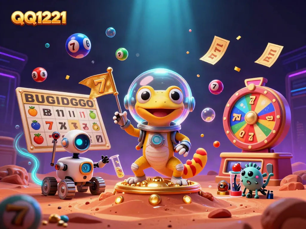 Engage with QQ1221's dynamic casino adventure featuring Martian characters and vibrant slot elements.