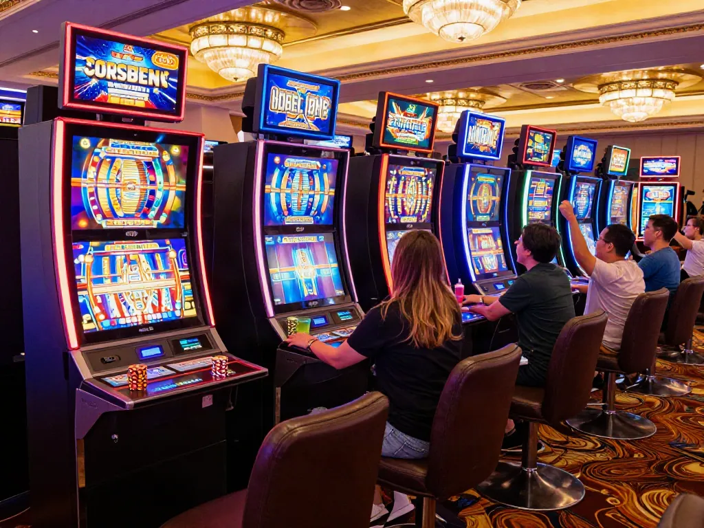 Players enjoying สล็อต games in a lively casino atmosphere with vibrant machines.