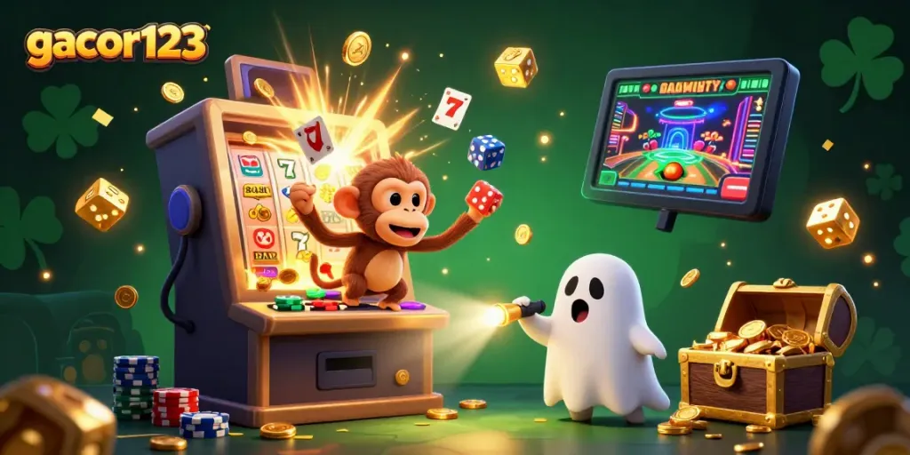 Experience the excitement of gacor123 as a monkey juggles casino treasures amid a haunted backdrop.