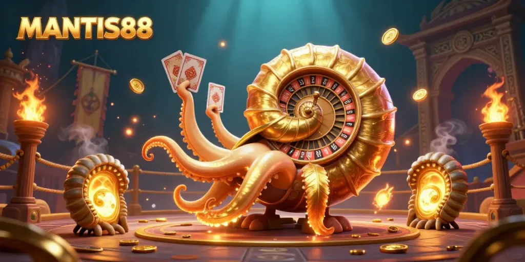 MANTIS88 showcases a vibrant 3D scene of a giant nautilus holding cards, immersed in an exciting underwater casino atmosphere.