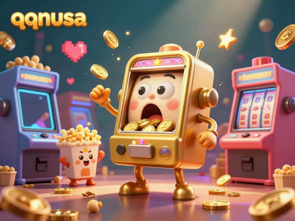Experience the excitement of qqnusa as the golden slot machine hits a jackpot, showered with coins in a vibrant 3D casino scene.