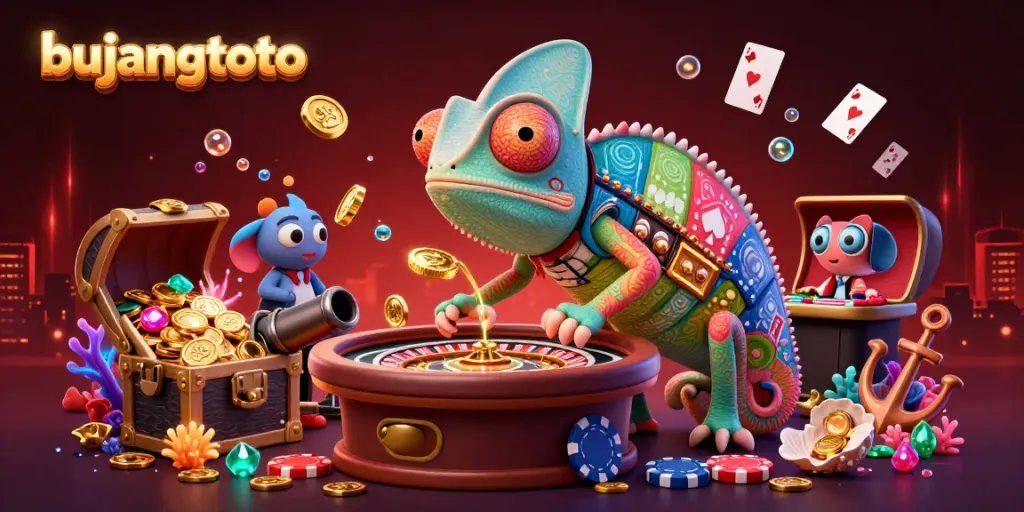 Bujangtoto chameleon casino owner snapping up golden coins in 3D illustration.