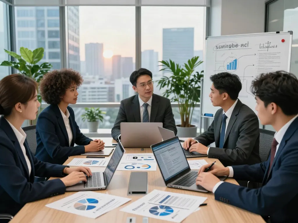 Legal professionals at Lead Roedl discussing international business strategies in a modern office.
