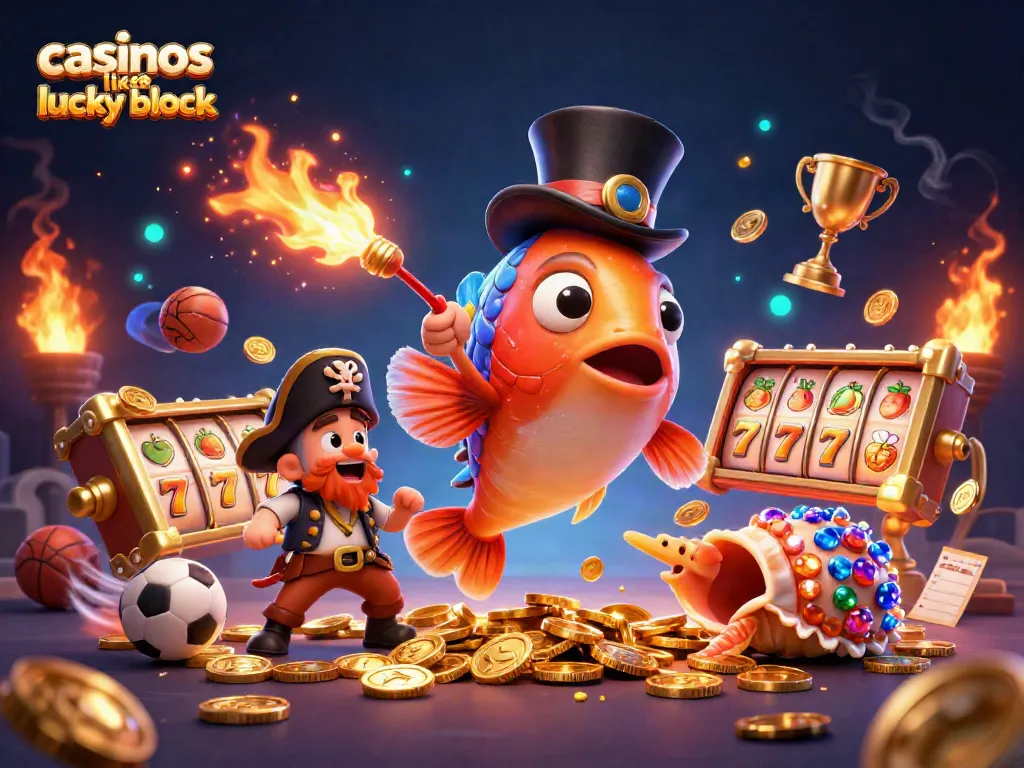 Engaging scene of casinos like lucky block featuring a glowing anglerfish, treasure snail, and pirate shrimp amidst casino elements.