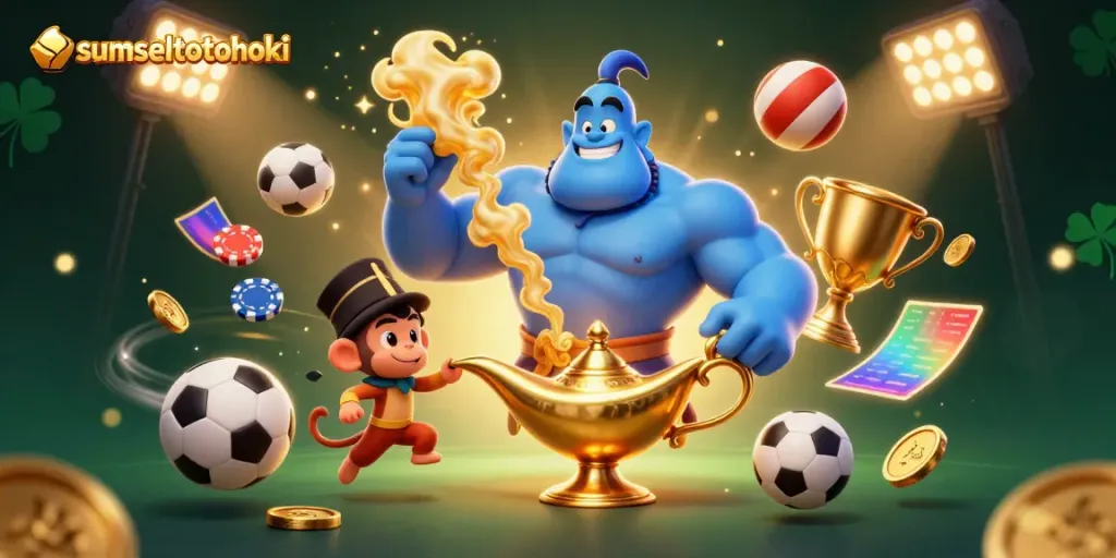 Experience the magic of sumseltotohoki with a lively scene featuring a bursting genie, vibrant sports elements, and golden chips.