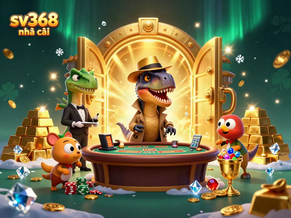 Experience sv368 nhà cái with a card counter dinosaur at a blackjack table surrounded by treasures.