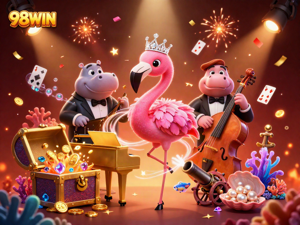 Experience the excitement of 98WIN with vibrant casino elements and characters in a dynamic scene.