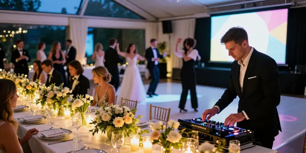 Enjoying a vibrant wedding DJ experience in Berlin Brandenburg, guests dancing under fairy lights.