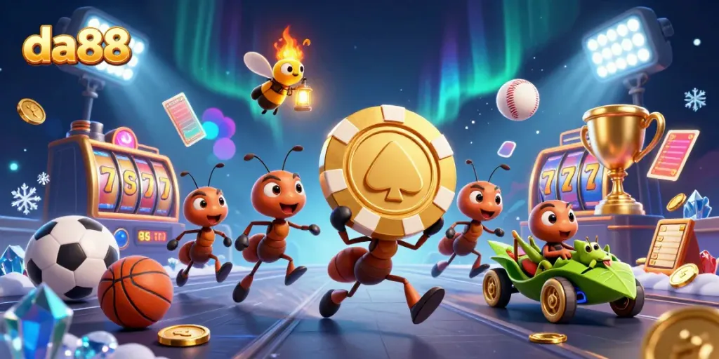 Experience thrilling action at da88 with a dynamic heist scene featuring playful ants and sports betting elements.