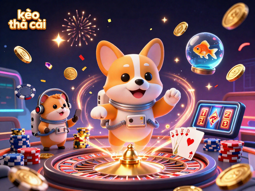 Play kèo nhà cái in a vibrant casino scene with a floating astronaut corgi and dynamic game elements.