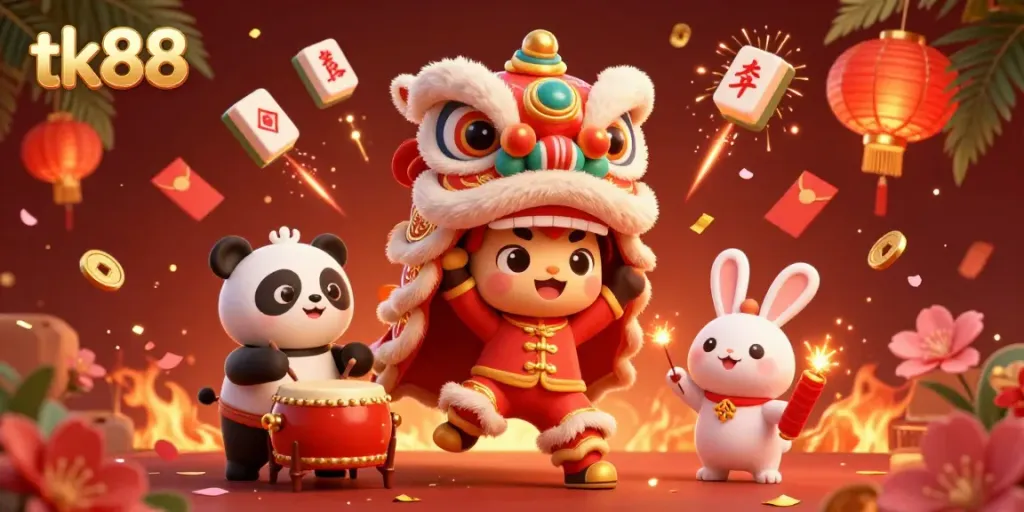 Experience the vibrant excitement of tk88 with a 3D illustration of a lion dance, panda, and lucky symbols.