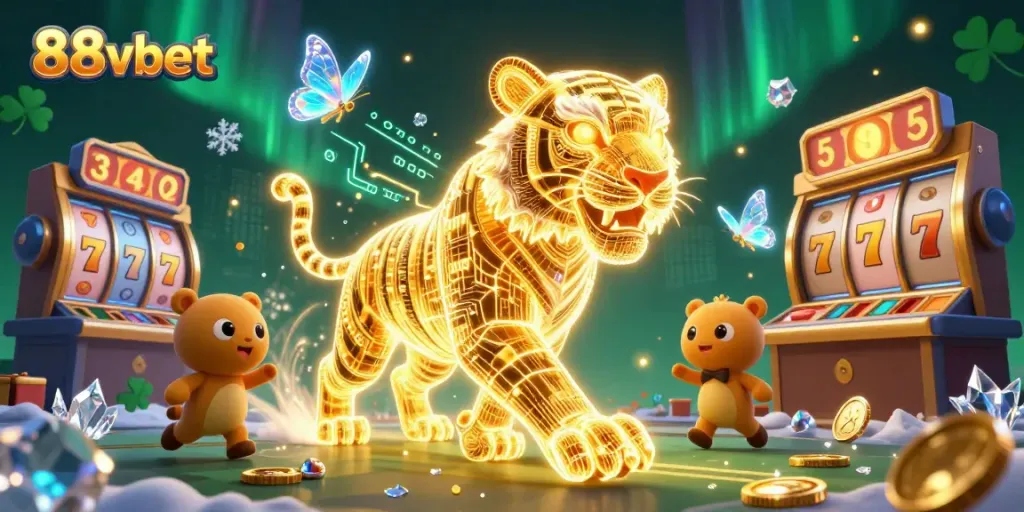 Engage with the vibrant casino world of 88vbet featuring a neon tiger and slot elements.