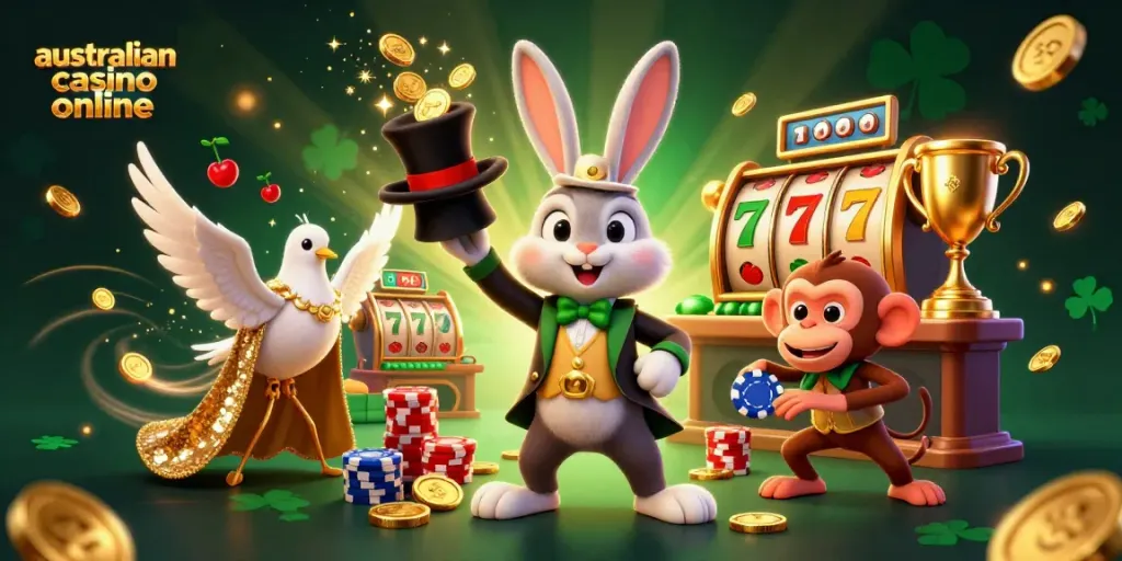 Spin and win at australian casino online featuring playful characters and slot elements.