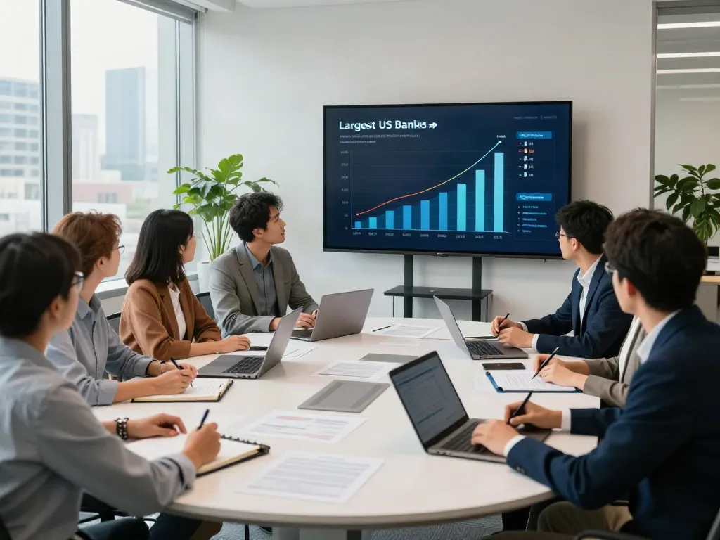 Analysts discussing biggest US banks strategies in a modern office setting.
