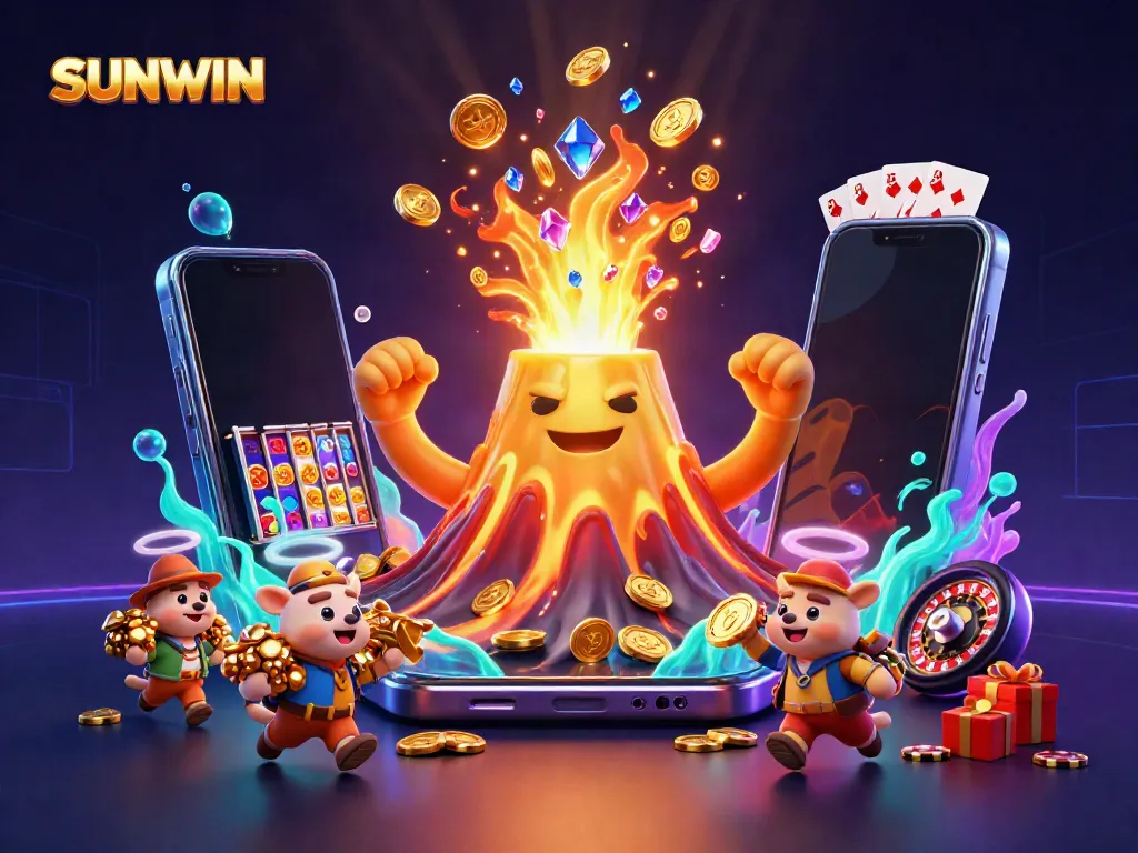 SUNWIN interactive gaming world featuring a golden volcano erupting treasure next to a smartphone with slots game.