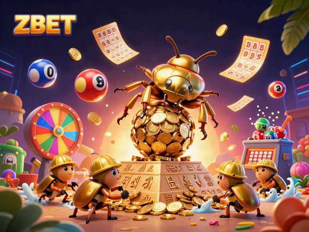 ZBET features a golden beetle rolling coins in a vibrant casino-themed illustration.