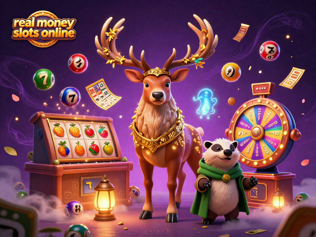 Engage with real money slots online through vibrant 3D illustration of cartoon characters and thrilling game elements.