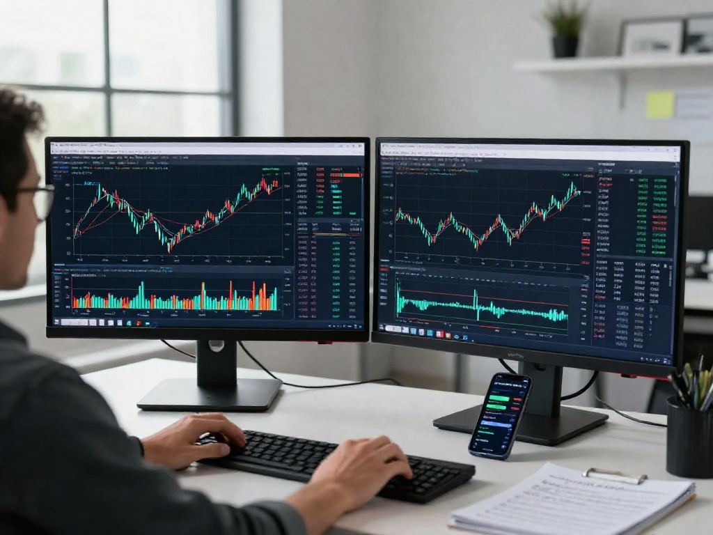 Trader working with metatrader 5 on dual monitors in a modern office setting.