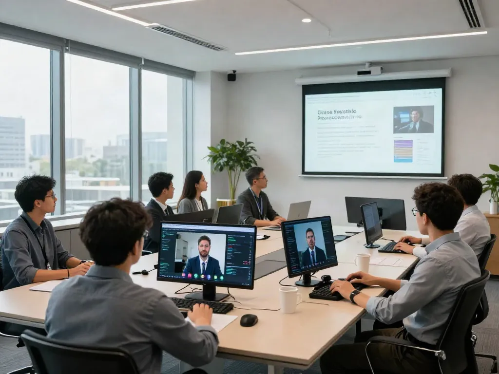 Deepfake-protected meetings showcasing a diverse team collaborating in a secure tech-enabled conference room.