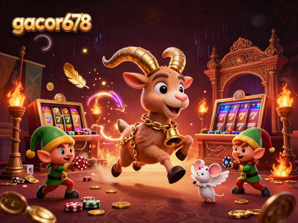 Experience thrilling gaming at gacor678 with cartoon characters in a lively casino scene.