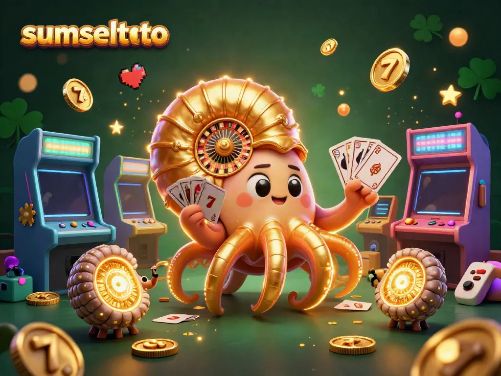 Experience thrilling games at sumseltoto with a vibrant, 3D illustrated casino scene filled with dynamic game elements.