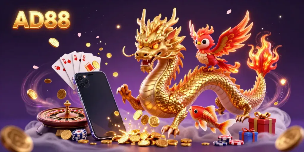 Experience the thrill of AD88 as a golden dragon and phoenix bring fortune in a vibrant casino scene.