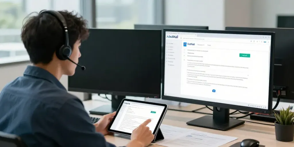 Expert providing Hotmail technical support in a modern office.