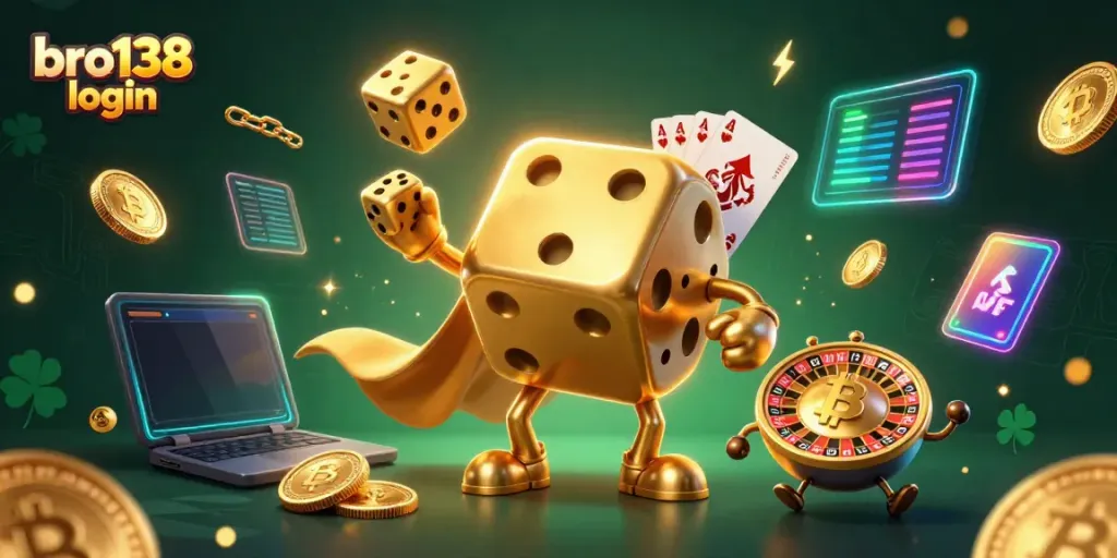 Engage with bro138 login through lively gameplay, featuring golden dice and crypto elements in a dazzling 3D casino illustration.