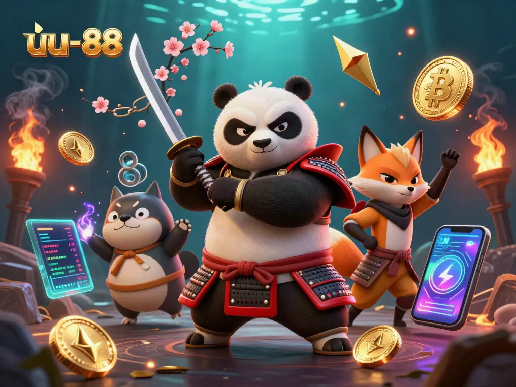Boost your gaming experience with uu-88's captivating 3D illustration of a samurai panda and magical elements.