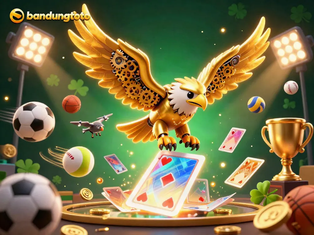 Experience thrilling sports action with bandungtoto, featuring a golden eagle soaring amid dynamic gaming elements.