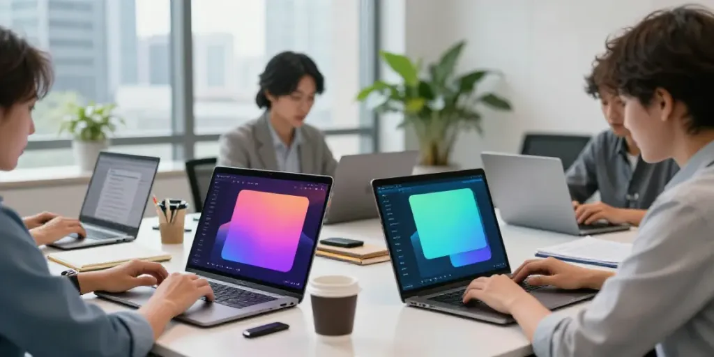 How to write welcome emails with AI in a vibrant office setting.