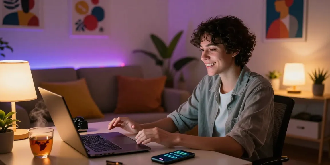 Engaging in nsfw chat in a cozy home office setting with warm lighting