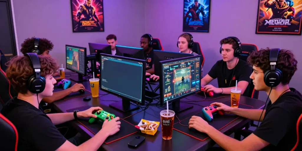 Hargatoto gaming enthusiasts engaging around a high-tech table with vibrant lighting and strategy discussions.
