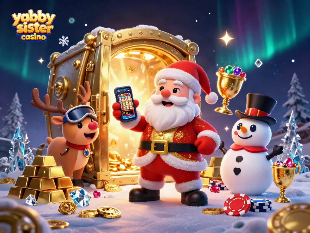 Spin the reels at yabby sister casino with Santa, his reindeer dealer, and a chip-capped snowman in a festive scene.