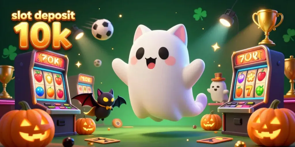 Experience excitement with slot deposit 10k in a vibrant casino, featuring a ghost cat and dynamic game elements.