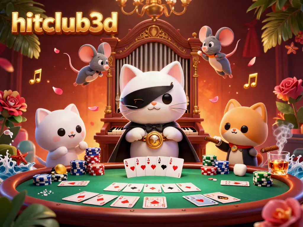 Experience vibrant gaming action with hitclub3d's extravagant casino scene featuring a phantom cat and poker elements.
