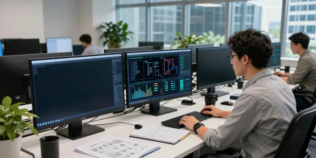 Engineer analyzing AI tokens metrics in a high-tech workspace, showcasing the concept of what are AI tokens.