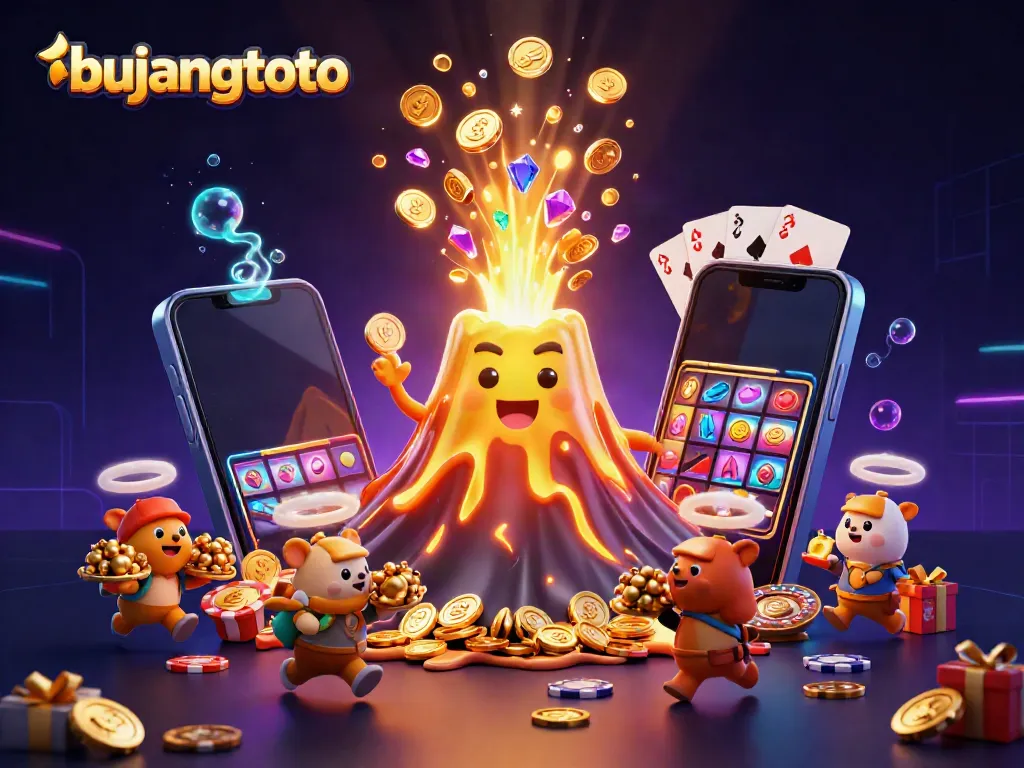 Bujangtoto gaming scene featuring a golden volcano erupting coins and treasure, enhancing casino excitement.