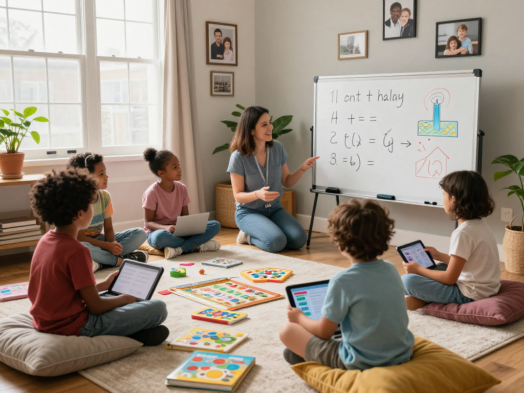 Engaged math and English tutors guiding children in an inviting home study setting.